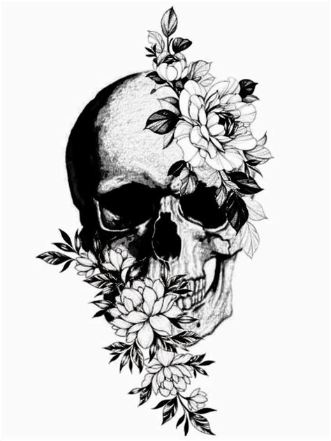 A Drawing Of A Skull With Flowers On Its Head And Leaves Around Its Neck