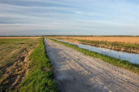 Gravel Road Through A Meadow And Water Channel Stock Photo Image Of