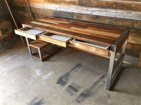 Reclaimed Wood Desk With 3 Drawers And Shelving Etsy Reclaimed Wood