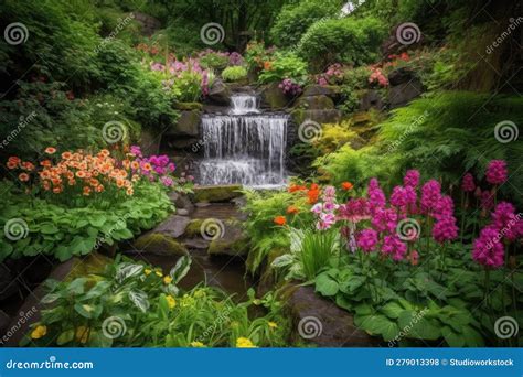 Cascading Waterfall Surrounded By Lush Greenery And Vibrant Blooms In