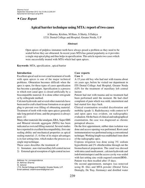 Pdf Apical Barrier Technique Using Mta Report Of Two Cases