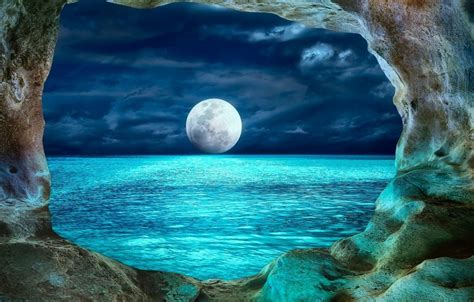 Wallpaper Landscape Night The Ocean The Moon Cave Moon Ocean