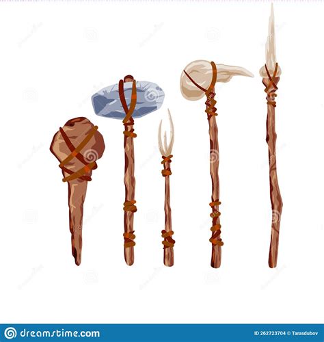 Prehistoric Weapons Set Of Caveman Tools Primitive Spear And Stone