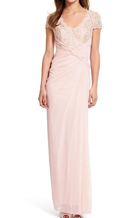 Macloth Cap Sleeves V Neck Lace Chiffon Evening Gown Pearl Pink Mother