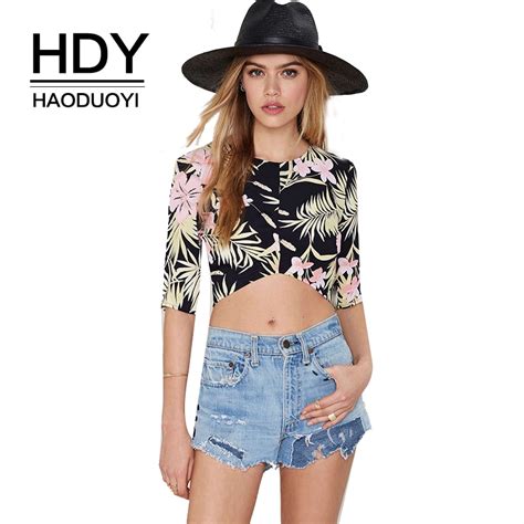 Hdy Haoduoyi Floral Print Zipper Half Sleeve Hot Crop Top High Low 2018