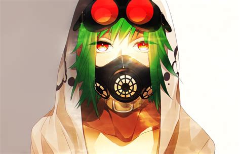 Anime Girls Gas Masks Goggles Green Hair Megpoid Gumi Red Eyes （画像あり