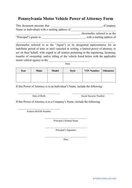 Pennsylvania Motor Vehicle Power Of Attorney Form Download Printable