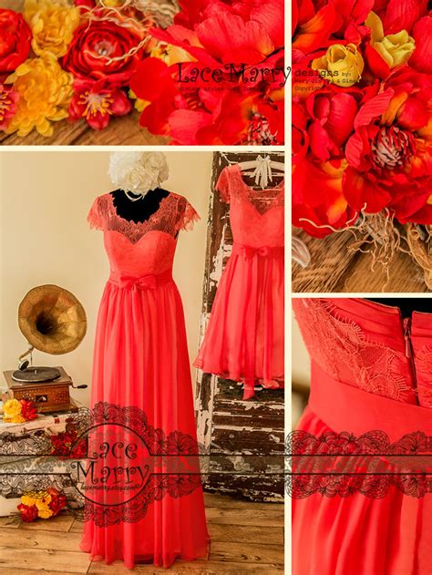 Bright Coral Bridesmaid Dress In Chantilly Lace And Silk Etsy