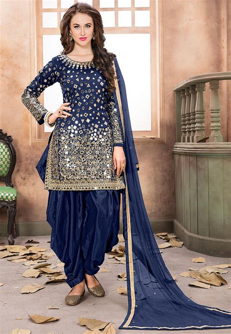 Embroidered Taffeta Silk Punjabi Suit In Navy Blue Kch