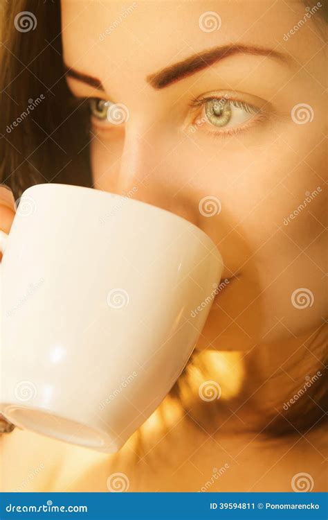 Portrait Of Cute Woman With Cup Of Coffee Stock Image Image Of