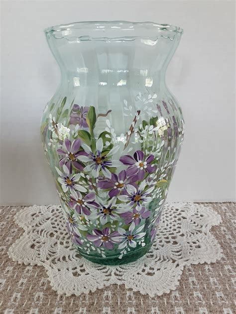 Hand Painted Green Tinted Glass Vase Violet And White Garden Etsy