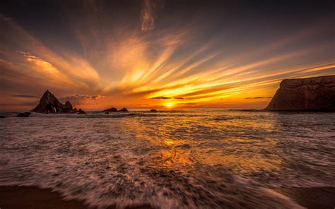 Beach Earth Golden Horizon Ocean Rock Sea Sky Sunset Wallpaper