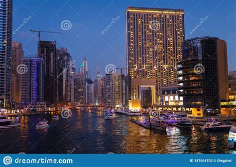 Panoramic Night View On Downtown Of Dubai Marina With Modern High