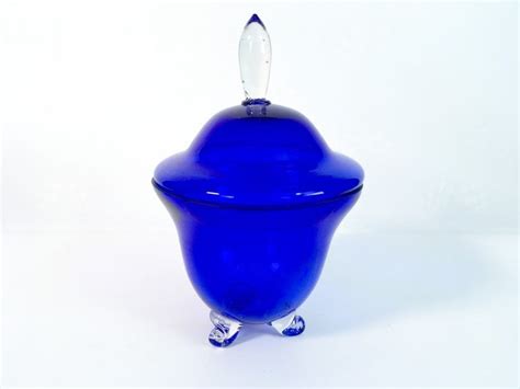 Vintage Cobalt Blue Art Glass Jar W Lid Round Dark Blue Cased Glass Round Decorative Knob On