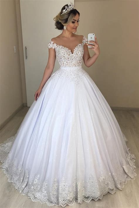 Princess Ball Gown Off The Shoulder Lace Tulle Beaded Wedding Dress