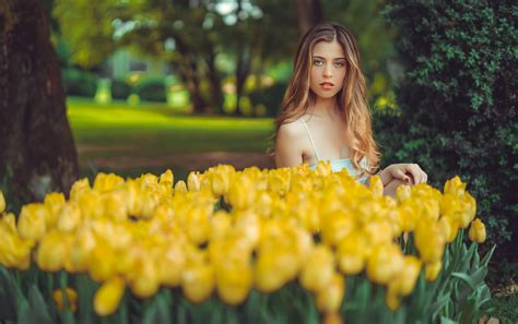 Wallpaper Brunette Women Outdoors Flowers Long Hair Blue Eyes Garden Tulips Trees Face