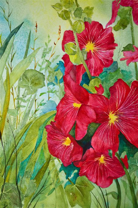 Original Floral Watercolor Painting Original Hollyhock