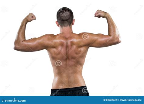 Rear View Of Shirtless Athlete Flexing Muscles Stock Photo Image Of