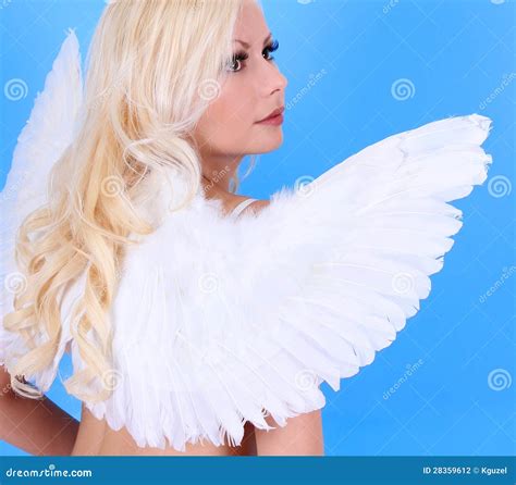 Beautiful Blonde Angel Girl Over Blue Stock Photo Image Of Caucasian