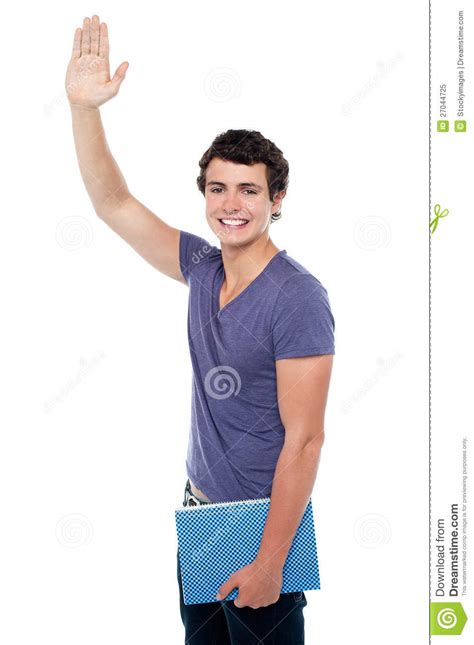 Handsome Young Guy Putting His Right Hand Up Stock Image Image Of