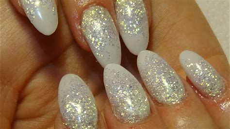 Stunning White Acrylic Nails With Shimmer Glitter Youtube