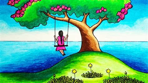 Completion of a drawing will result in the sketch being saved to sean's journal. How to Draw Easy Scenery of a Girl Swinging in a Tree Step ...