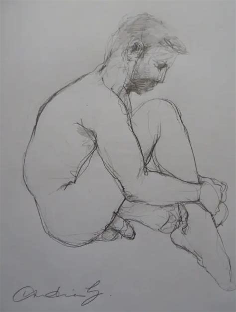 ORIGINAL LIFE DRAWING Expressive Pencil Sketch Of A Seated Male Nude In