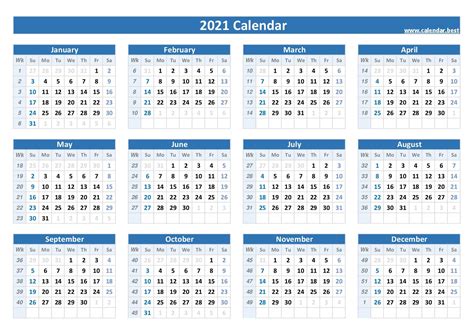 2021 Weekly Calendar With Week Numbers