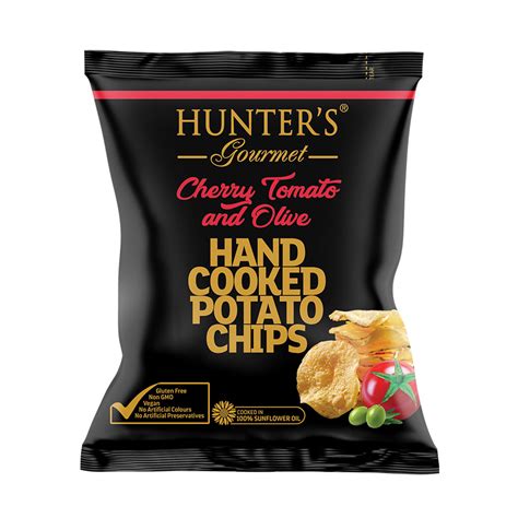 Hunters Gourmet Hand Cooked Potato Chips Cherry Tomato And Olive Gold Edition 25gm