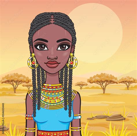 Portrait Of A Beautiful African Girl In Ancient Clothes A Background The African Savanna