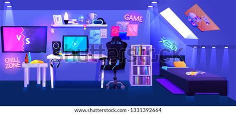 Gamer Boy Room On Attic Interior 库存矢量图（免版税）1331392664