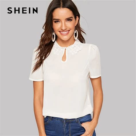 Buy Shein White Elegant Keyhole Front Lace Collar Top