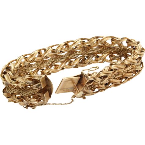 Gold Link Chain Bracelet 14k Yellow Woven Vintage Rope Mesh Retro