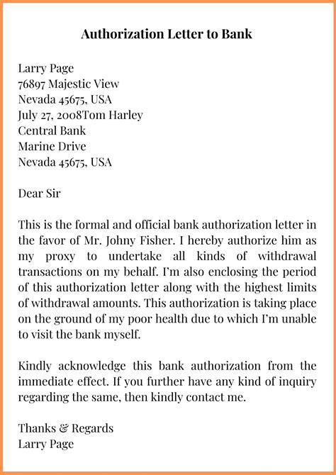 Sample Authorization Letter To Bank With Examples