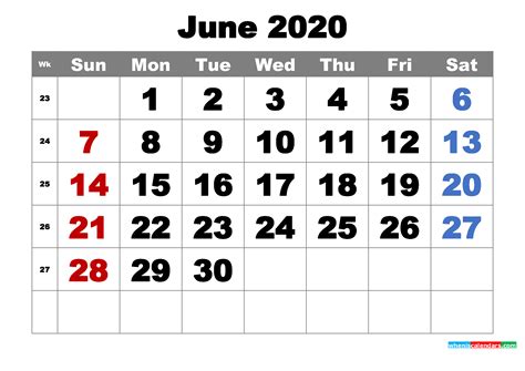 Free Printable June 2020 Calendar Word Pdf Image
