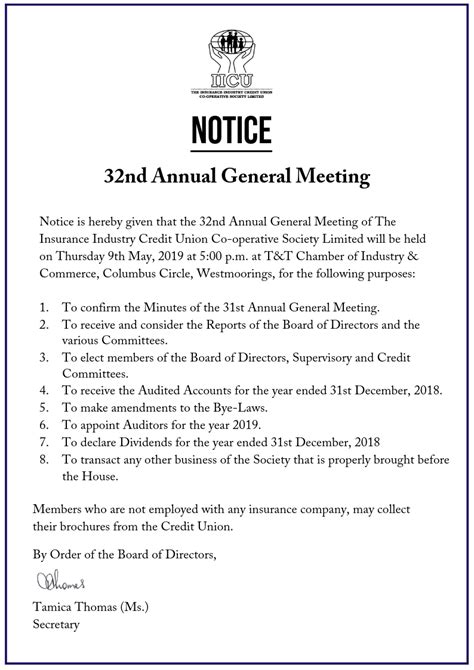 Notice Of 2019 Annual General Meeting The Insurance Industry Credit Union