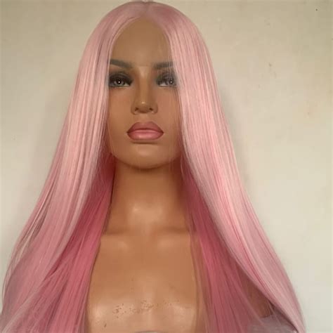 Pink Cosplay Wig With Bangs Long Ombre Synthetic Straight Hair Etsy