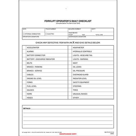 It is free to download. Forklift Operator Daily Checklist - Snap-Out Format ...