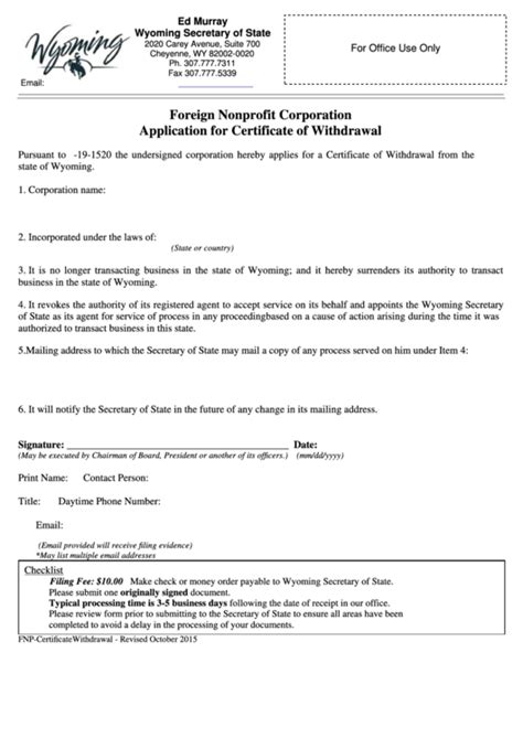 Fillable Foreign Nonprofit Corporation Application For Certificate Of