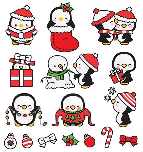 Premie Vector Clipart Kawaii Kerst Pinguïns Cute Christmas Etsy