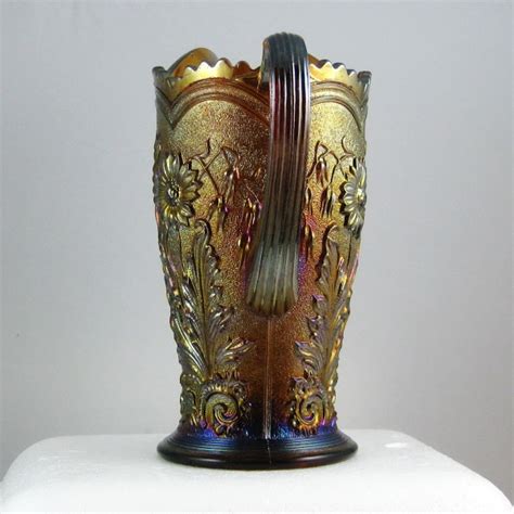 Antique Imperial Amber Fieldflower Carnival Glass Water Pitcher