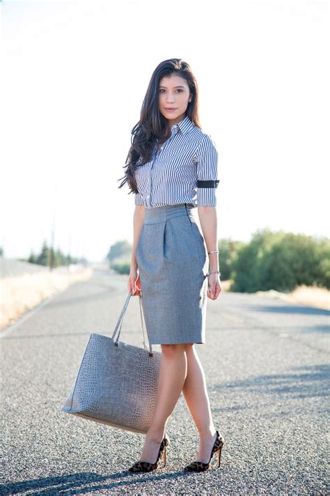 Gray Pencil Skirt And Gray Striped Shirt Outfit Visit