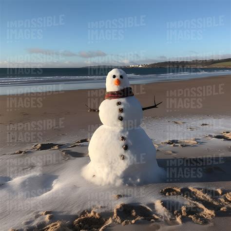 A Snowman On The Beach Melting Impossible Images Unique Stock