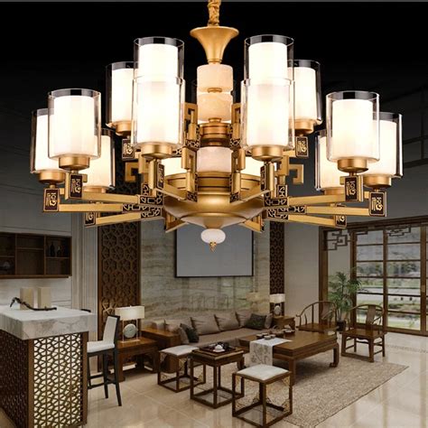 New Chinese Modern Glass Pendant Lights Lights Indoor Led E27 Lamp Ancient Copper Color Building
