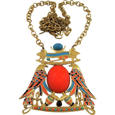 Vintage Egyptian Revival Necklace Scarabs Snakes Falcons Enamel Pendant