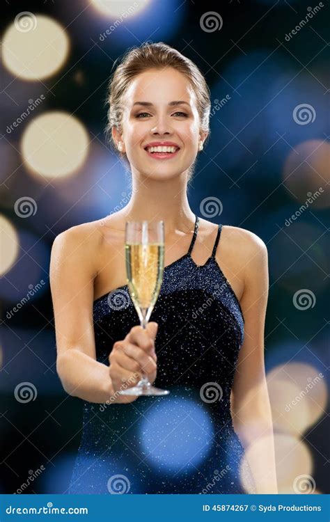 Smiling Woman Holding Glass Of Sparkling Wine Stock Image Image Of Glamour Drink 45874267