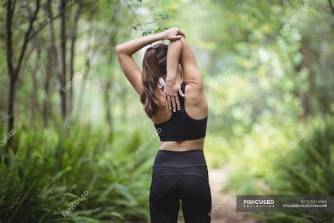 Rear View Of Woman Performing Stretching Exercise In Forest — Work Out