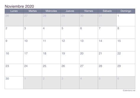 Calendario Mes De Noviembre Calendario Editable Noviembre 2019