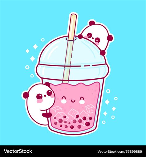 Cute Happy Funny Bubble Tea Cup And Pandas Vector Image