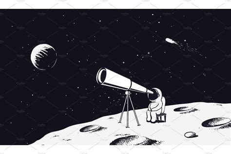Astronaut Looks Through The Telescope To Universe Telescope Drawing